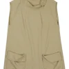 Beige band collar swing-style shift tunic with darted neckline and draped patch pockets