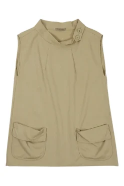 Beige band collar swing-style shift tunic with darted neckline and draped patch pockets