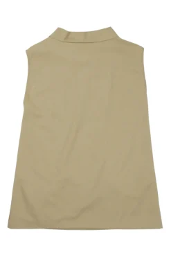 Beige band collar swing-style shift tunic with darted neckline and draped patch pockets