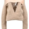 Beige brushed angora-blend herringbone knit plunge back sweater with elasticated band at mid-back