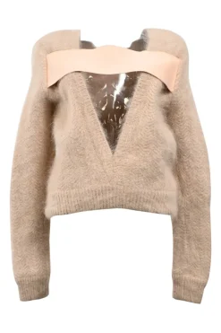 Beige brushed angora-blend herringbone knit plunge back sweater with elasticated band at mid-back