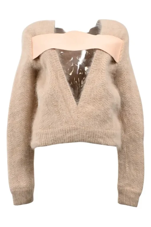 Beige brushed angora-blend herringbone knit plunge back sweater with elasticated band at mid-back