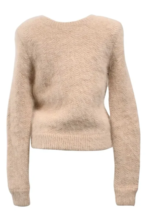 Beige brushed angora-blend herringbone knit plunge back sweater with elasticated band at mid-back