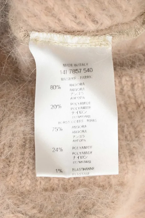 Beige brushed angora-blend herringbone knit plunge back sweater with elasticated band at mid-back