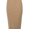 Beige brushed baby camel hair pull-on knee-length pencil skirt with back slit for ease