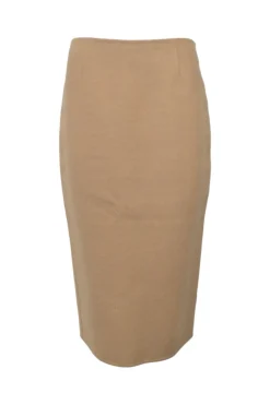 Beige brushed baby camel hair pull-on knee-length pencil skirt with back slit for ease