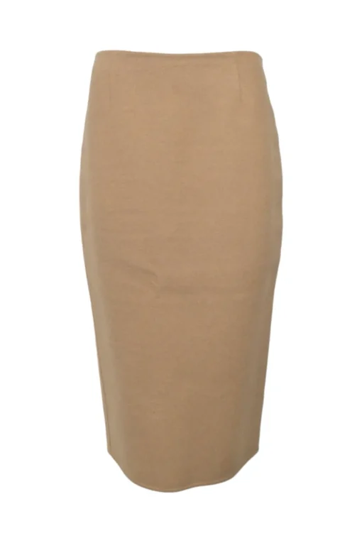 Beige brushed baby camel hair pull-on knee-length pencil skirt with back slit for ease