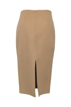 Beige brushed baby camel hair pull-on knee-length pencil skirt with back slit for ease