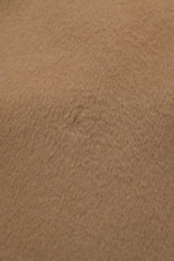 Beige brushed baby camel hair pull-on knee-length pencil skirt with back slit for ease