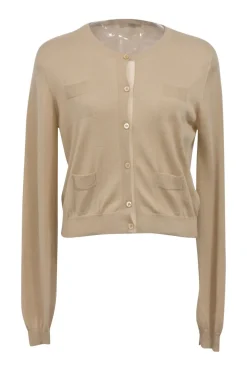 Beige cashmere and silk-blend jersey knit cardigan with patch pocket detailing