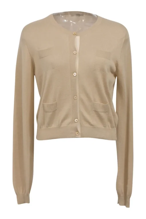 Beige cashmere and silk-blend jersey knit cardigan with patch pocket detailing