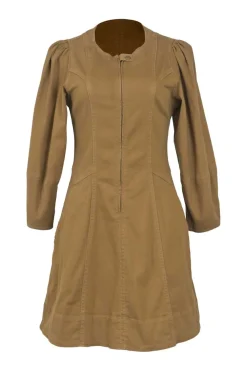Beige cotton-blend canvas zip-up A-line mini dress