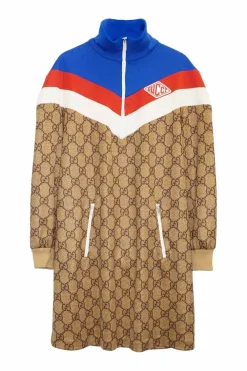Beige cotton-blend paneled GG monogram jersey half-zip pullover knit dress