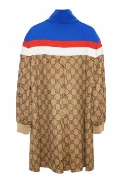 Beige cotton-blend paneled GG monogram jersey half-zip pullover knit dress
