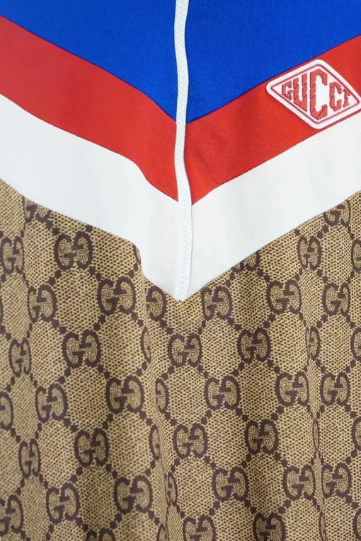 Beige cotton-blend paneled GG monogram jersey half-zip pullover knit dress