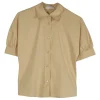 Beige cotton-blend puff sleeve button up shirt