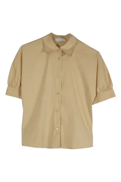 Beige cotton-blend puff sleeve button up shirt