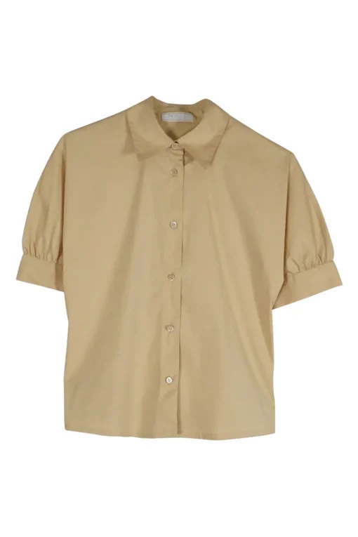 Beige cotton-blend puff sleeve button up shirt