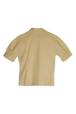 Beige cotton-blend puff sleeve button up shirt