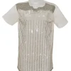 Beige embellished raw edge polyamide tulle short sleeve blouse