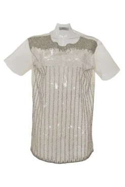 Beige embellished raw edge polyamide tulle short sleeve blouse