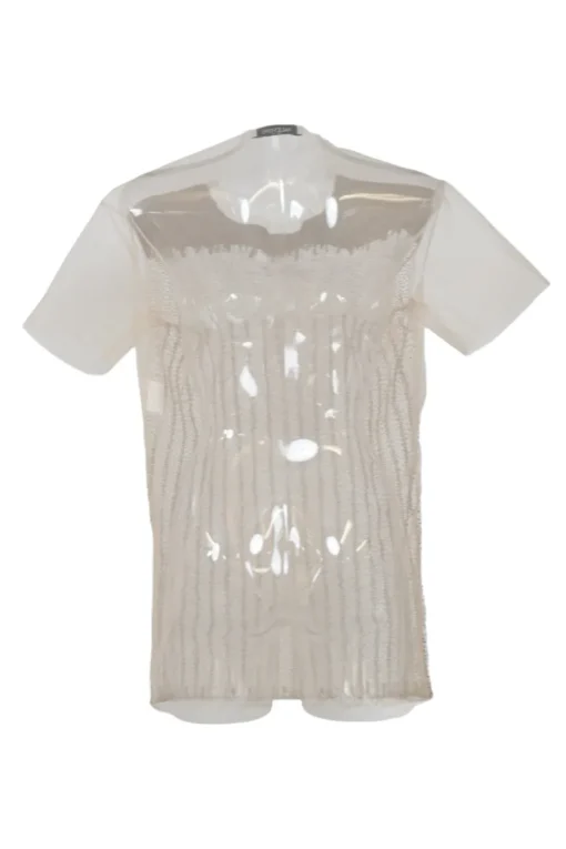 Beige embellished raw edge polyamide tulle short sleeve blouse
