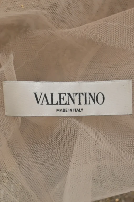 Beige embellished raw edge polyamide tulle short sleeve blouse
