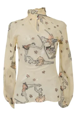 Beige embroidered silk-blend high collar keyhole-front blouse featuring trapeze artist novelty motif