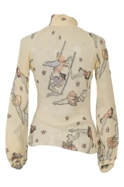 Beige embroidered silk-blend high collar keyhole-front blouse featuring trapeze artist novelty motif