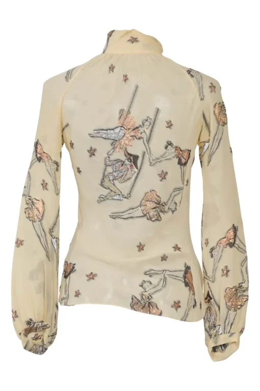 Beige embroidered silk-blend high collar keyhole-front blouse featuring trapeze artist novelty motif