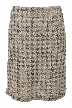 Beige embroidered wool-blend knee-length skirt featuring novelty houndstooth motif
