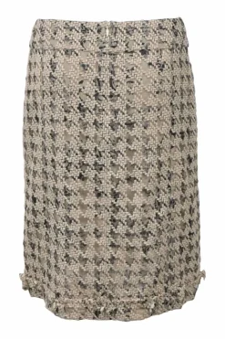 Beige embroidered wool-blend knee-length skirt featuring novelty houndstooth motif