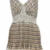 Beige lace-trimmed polyester check slip-style plunge neck vest top with gathered bodice and plissé body