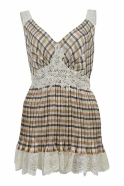 Beige lace-trimmed polyester check slip-style plunge neck vest top with gathered bodice and plissé body