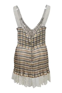 Beige lace-trimmed polyester check slip-style plunge neck vest top with gathered bodice and plissé body