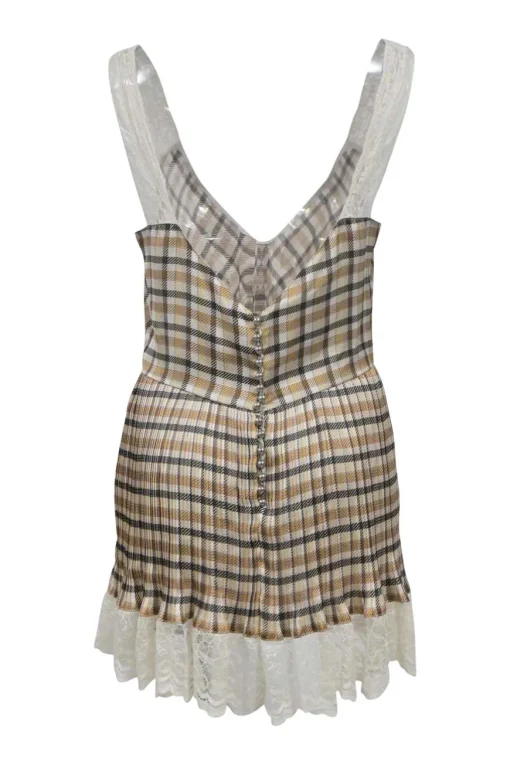 Beige lace-trimmed polyester check slip-style plunge neck vest top with gathered bodice and plissé body