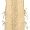 Beige lace-trimmed semi-sheer crinkle silk Dickey-style camisole with side tie fastening