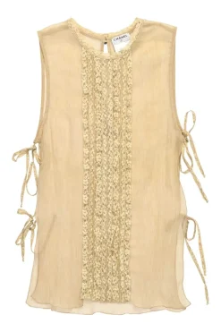 Beige lace-trimmed semi-sheer crinkle silk Dickey-style camisole with side tie fastening