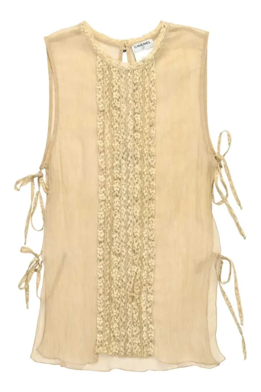 Beige lace-trimmed semi-sheer crinkle silk Dickey-style camisole with side tie fastening