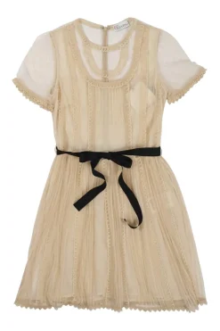 Beige lace-trimmed semi-sheer paneled polyester  mesh short sleeve pintuck mini tea dress