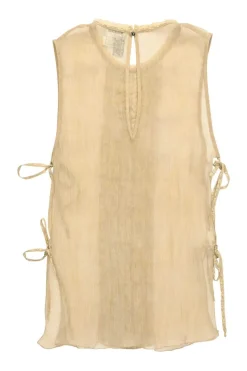 Beige lace-trimmed semi-sheer crinkle silk Dickey-style camisole with side tie fastening
