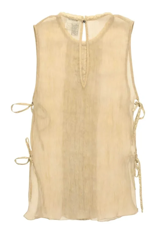 Beige lace-trimmed semi-sheer crinkle silk Dickey-style camisole with side tie fastening