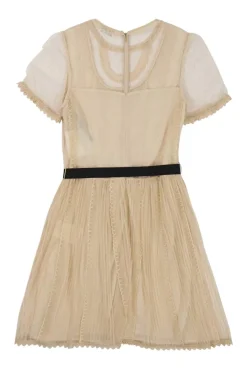 Beige lace-trimmed semi-sheer paneled polyester  mesh short sleeve pintuck mini tea dress