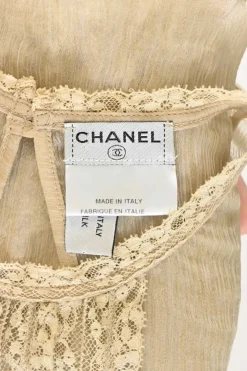 Beige lace-trimmed semi-sheer crinkle silk Dickey-style camisole with side tie fastening