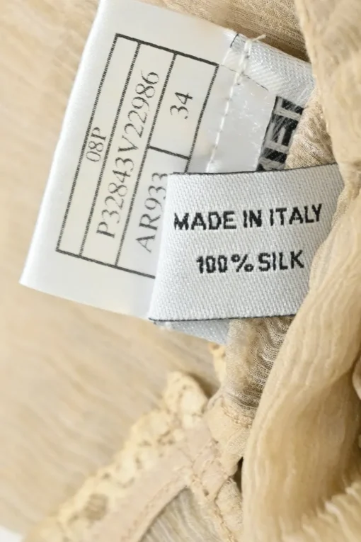 Beige lace-trimmed semi-sheer crinkle silk Dickey-style camisole with side tie fastening
