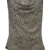 Beige leopard-print metallic knit cowl neck tank top
