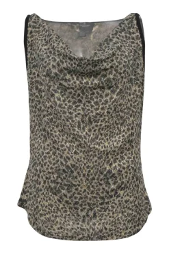 Beige leopard-print metallic knit cowl neck tank top