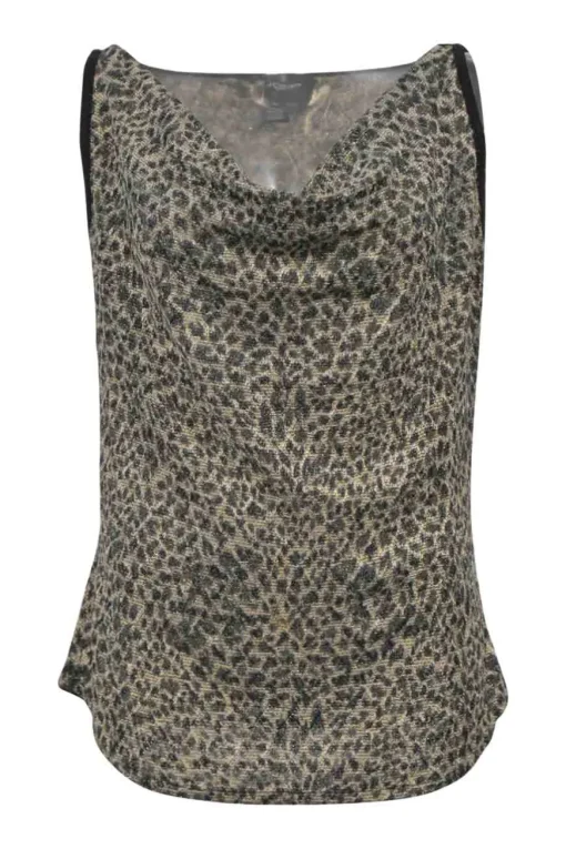 Beige leopard-print metallic knit cowl neck tank top
