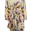 Beige long sleeve tropical floral print silk knee length flare dress.