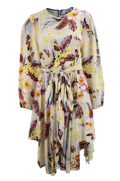 Beige long sleeve tropical floral print silk knee length flare dress.